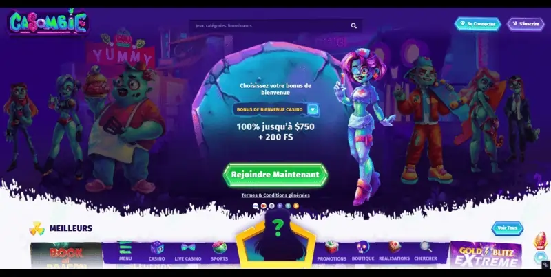Capture d'écran du casino en ligne Casombie montrant son design unique et immersif