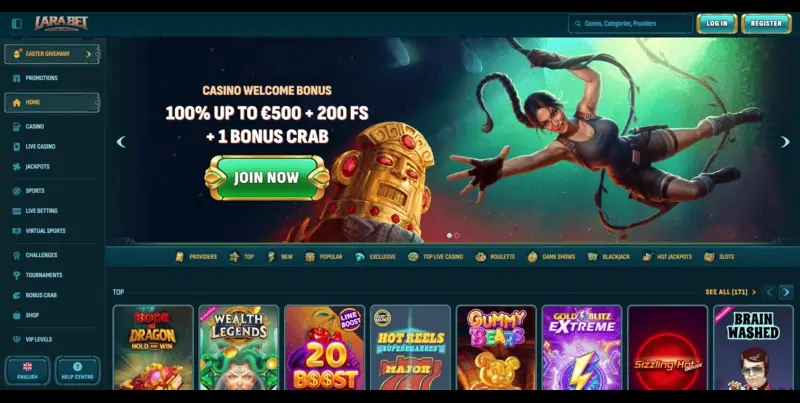 Capture d'écran du casino en ligne Larabet montrant sa collection de machines à sous