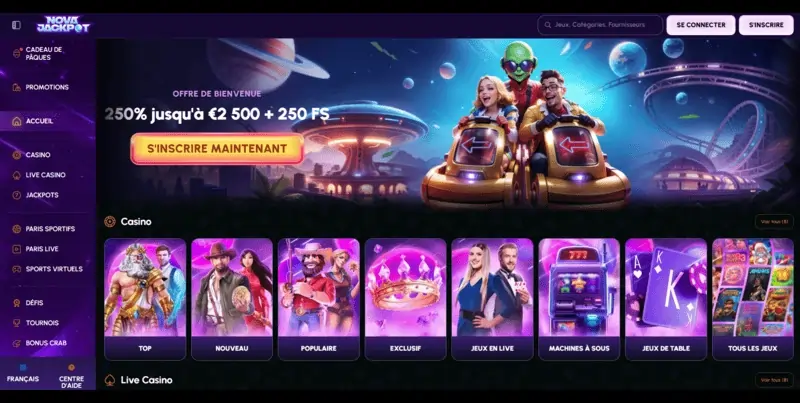 Capture d'écran du casino en ligne NovaJackpot montrant ses jackpots progressifs