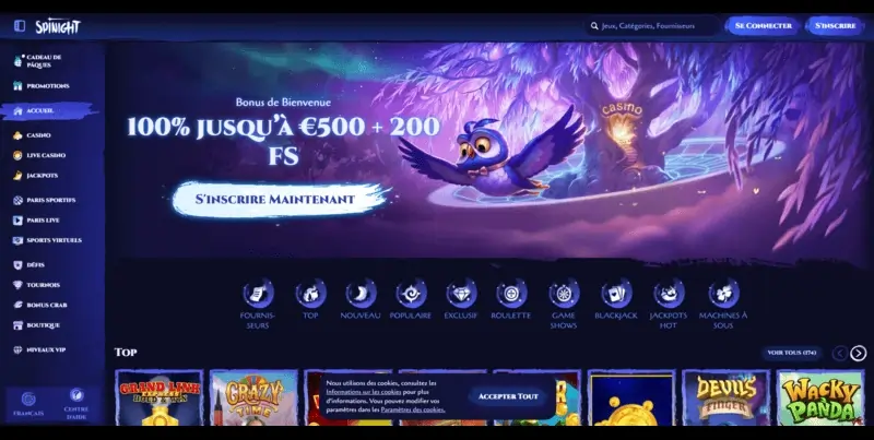 Capture d'écran du casino en ligne Spinight montrant ses tables de jeux en direct