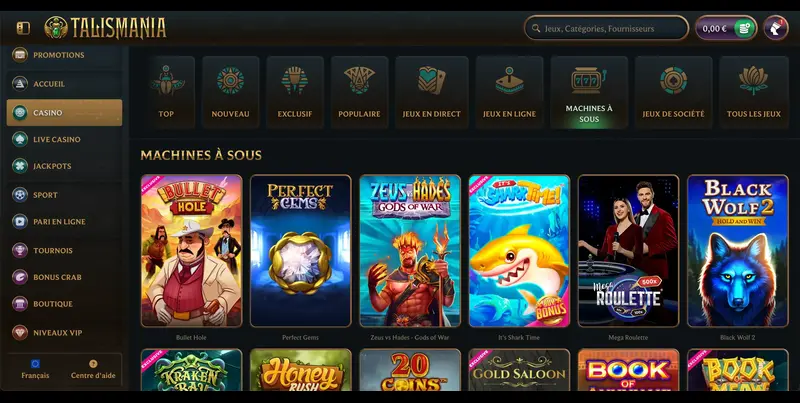 Capture d'écran du casino en ligne Talismania montrant son interface et ses options de paiement