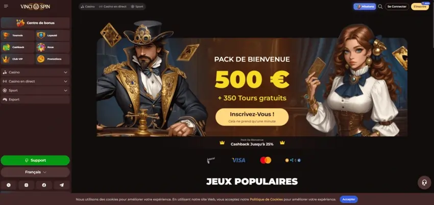 Capture d'écran du casino en ligne VinciSpin montrant l'interface utilisateur et les jeux disponibles